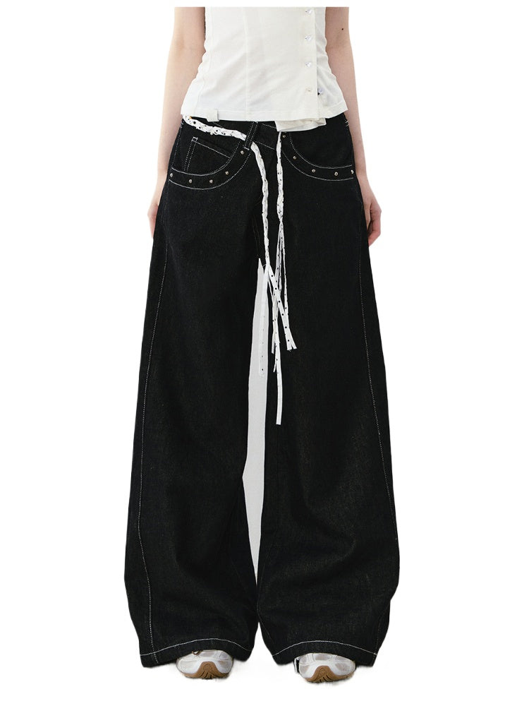 Irregular Waist Original Color Wide-Leg Denim Pants
