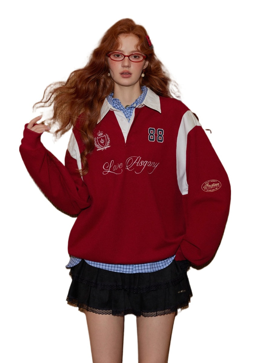 Contrast Collar Embroidered Drawstring Sweatshirt