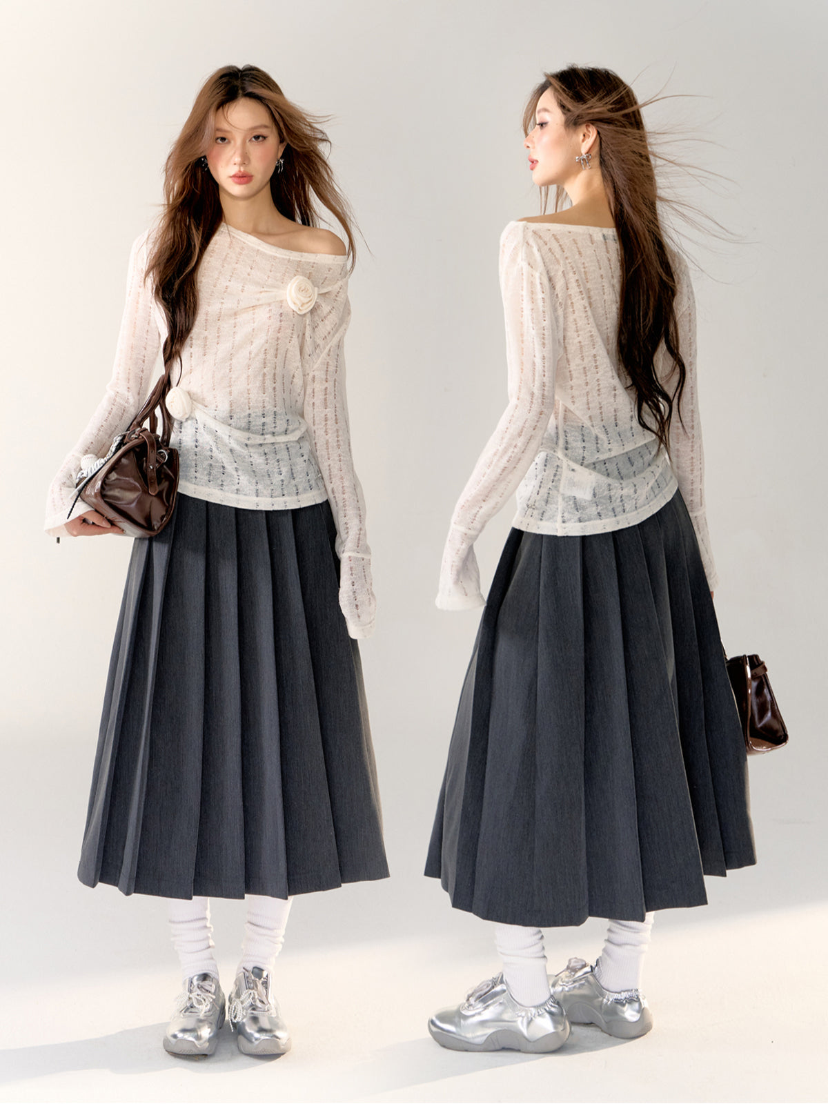 Black & Gray Hollow Knit 3D Floral Blouse