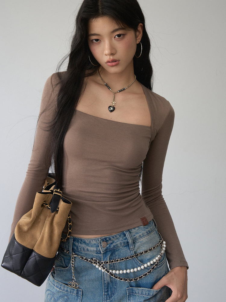 One-Shoulder Strapless Long-Sleeve Blouse