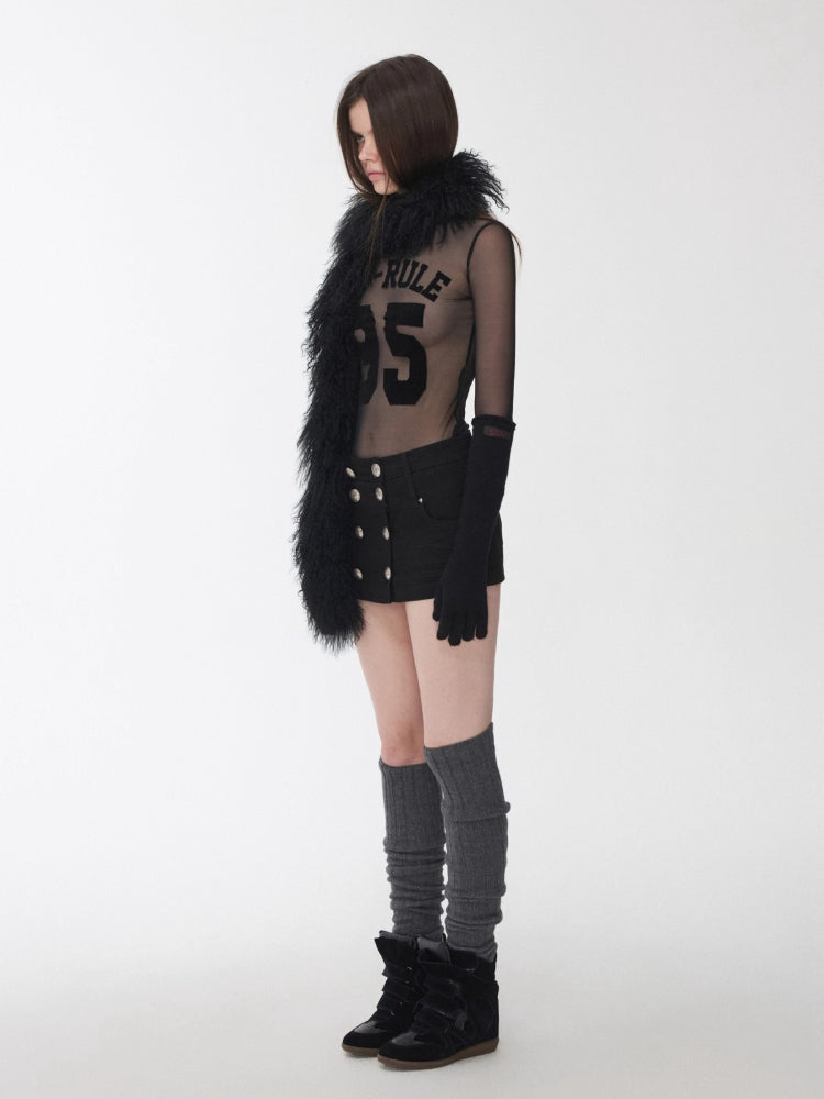 Flocked Mesh Sporty Turtleneck Top