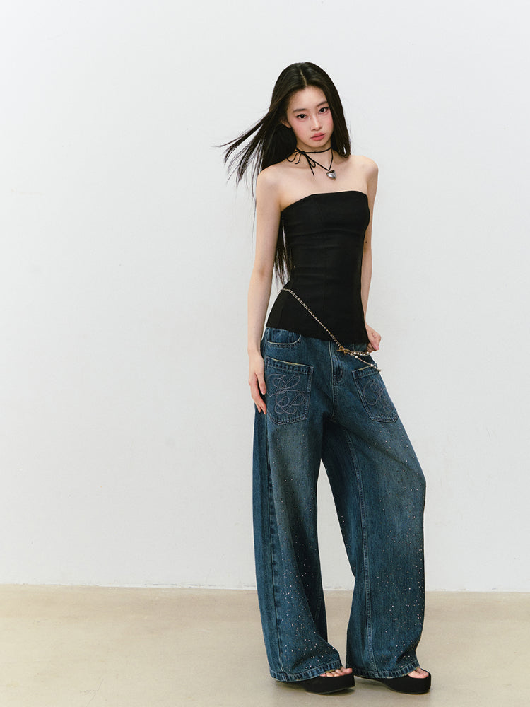 3D Rhinestone Wide - leg Denim Pants