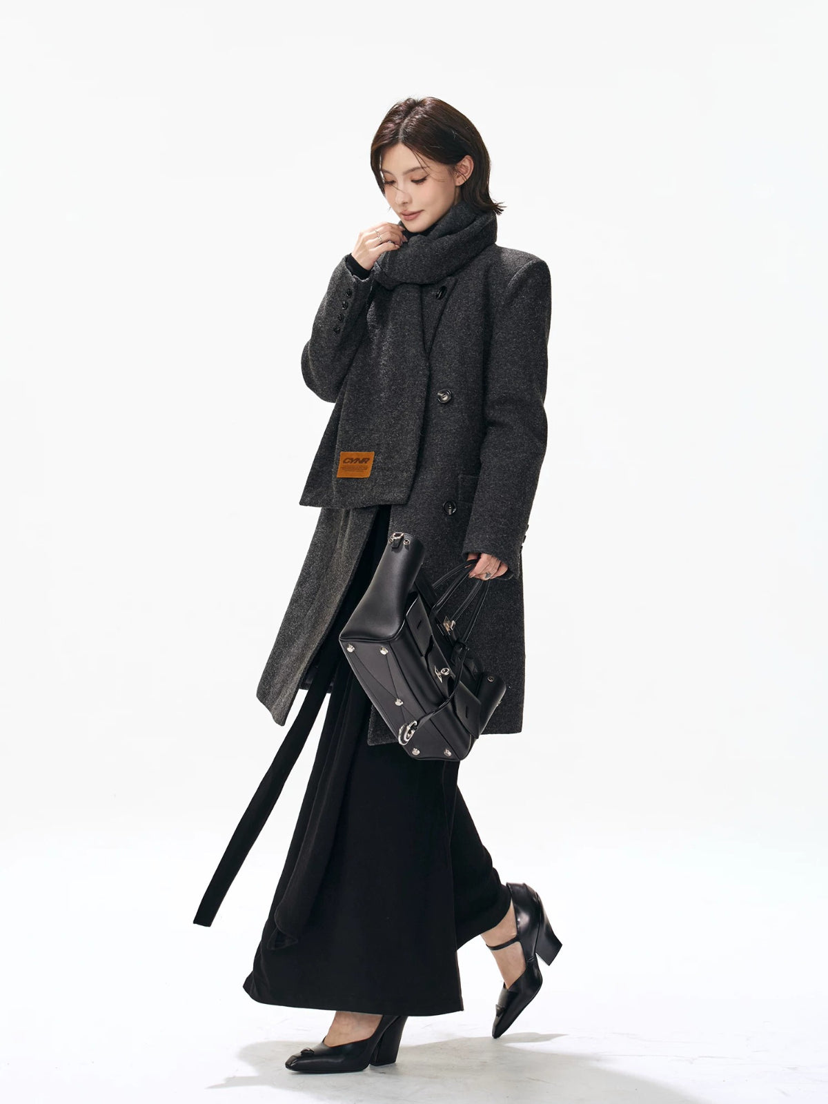 Detachable Scarf Double Breasted Wool Coat