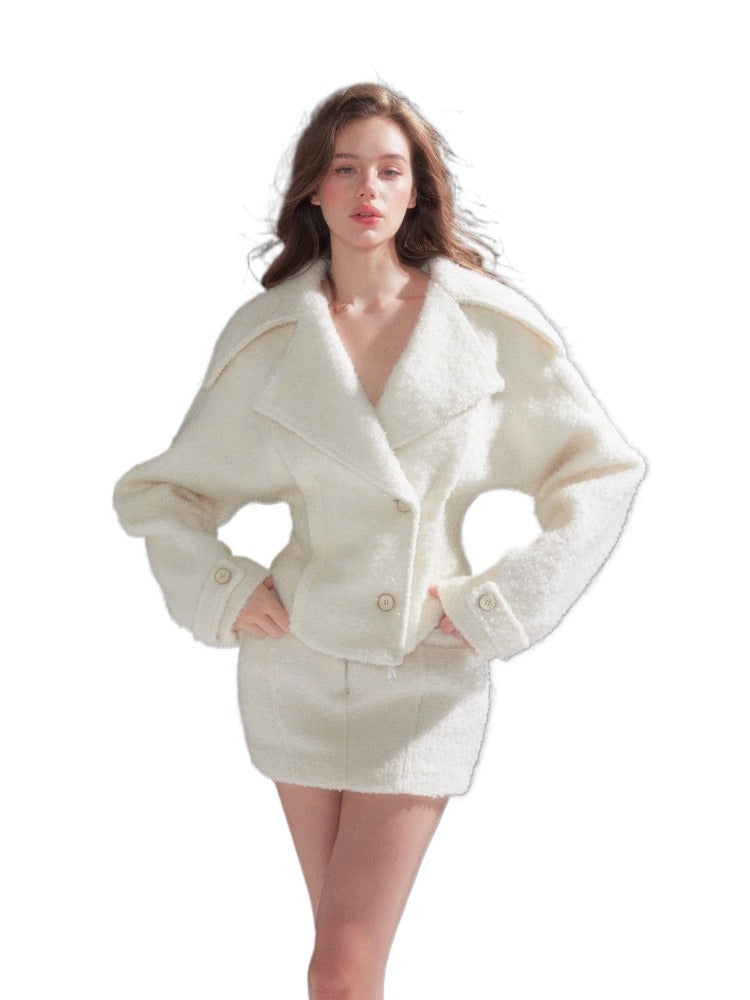 Shearling Collar Waist-Cinching Coat & Wool Skirt Set