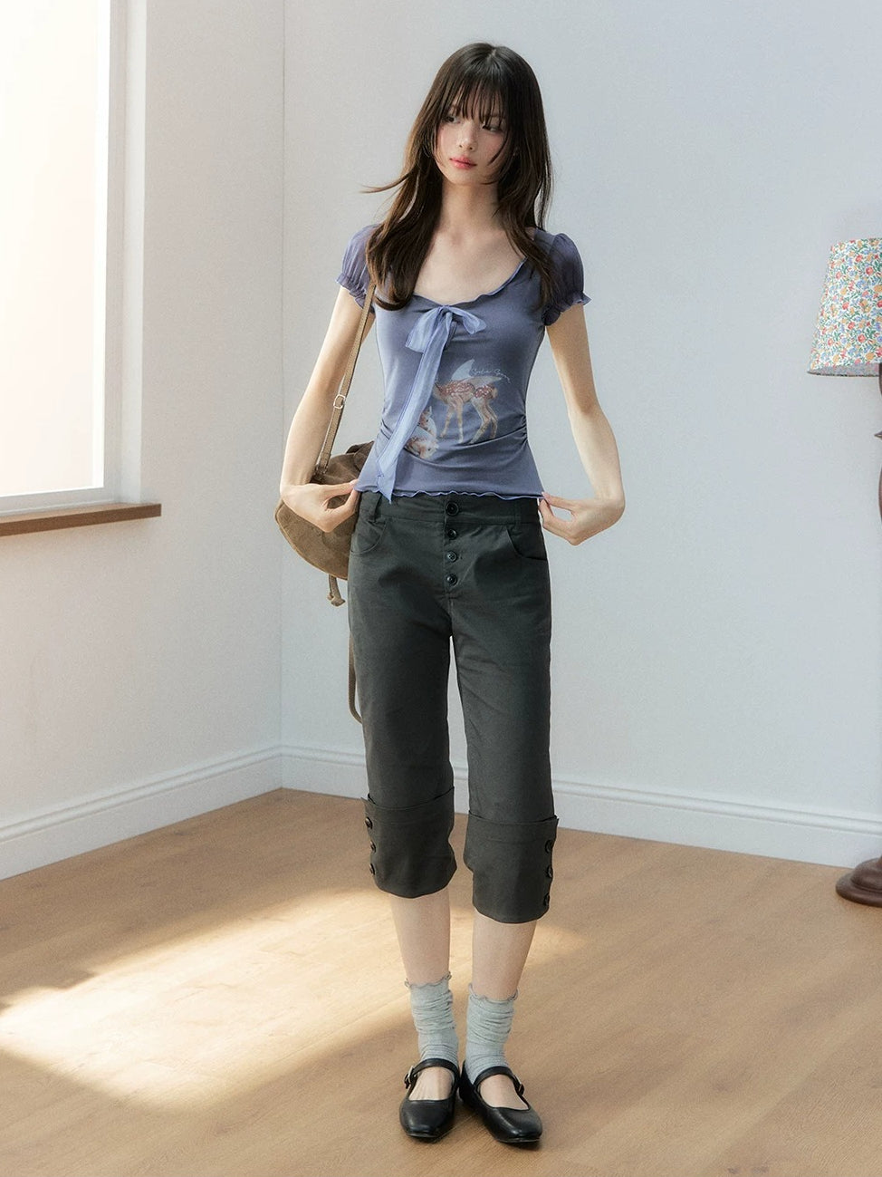 Lyocell Deer Ribbon Print Top