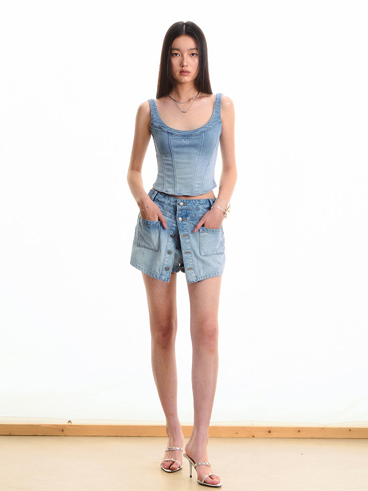 Twill Denim Big U-neck Waist Cinching Vest