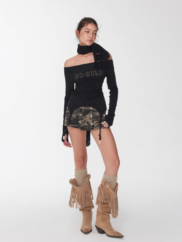 Garter Rhinestone Ruched Knit Top