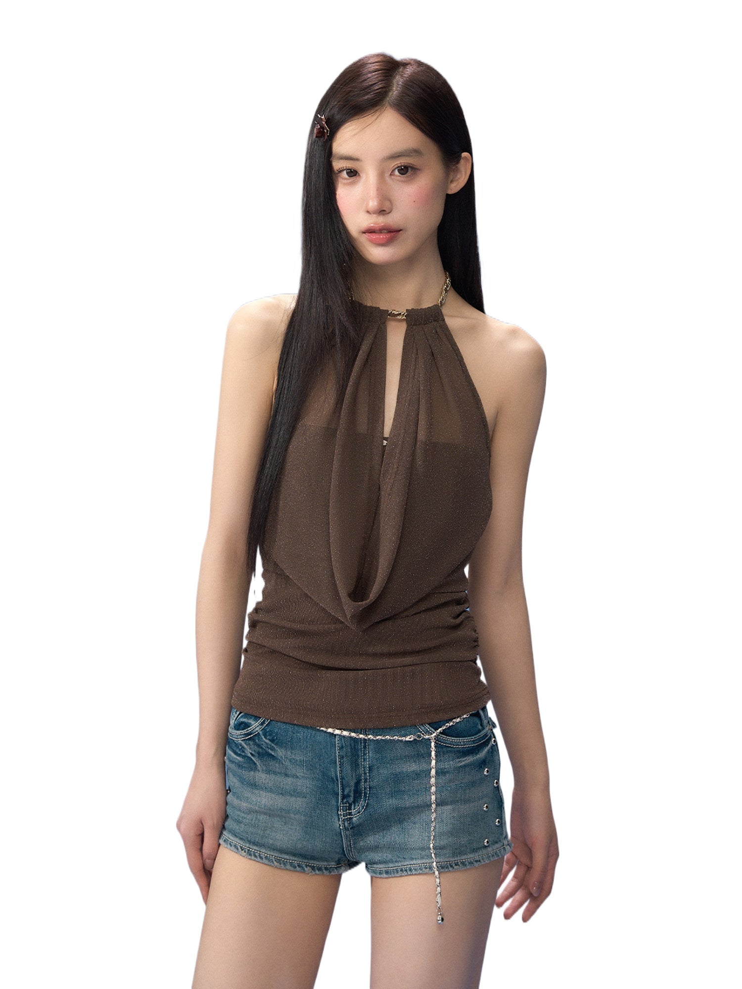 Metal Ring Halter Mesh Camisole