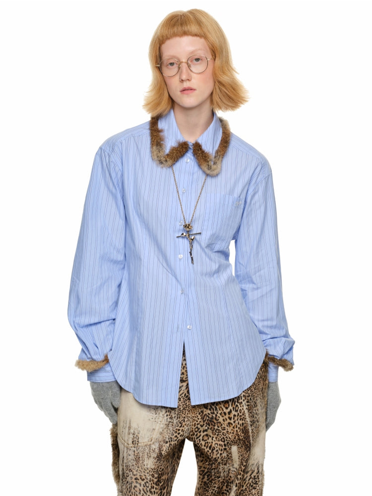 Striped Plaid Rabbit Fur Shirt