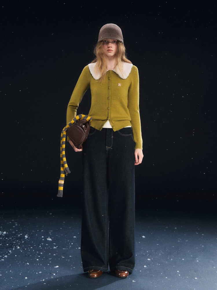 Green Detachable Fur Collar Cardigan