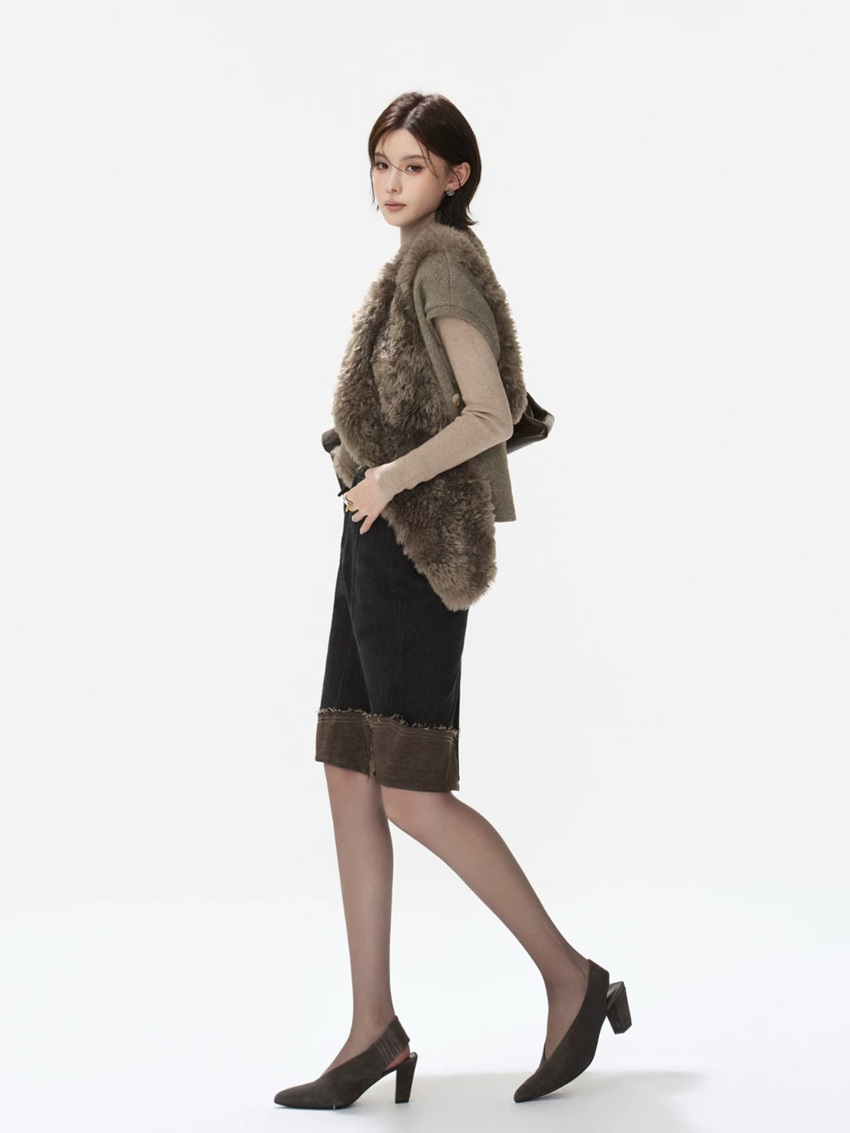 Asymmetric Lapel Curly Fleece Knit Vest