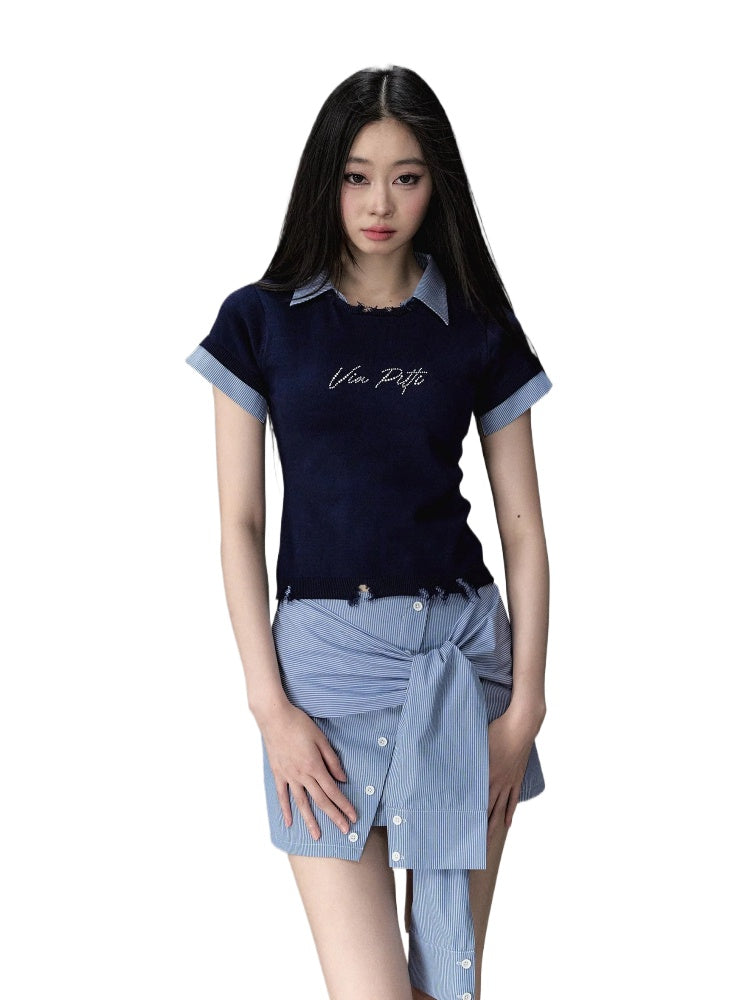 Deep Blue & Black Mock Two-piece Knit Sweater with Patchwork Short Sleeves