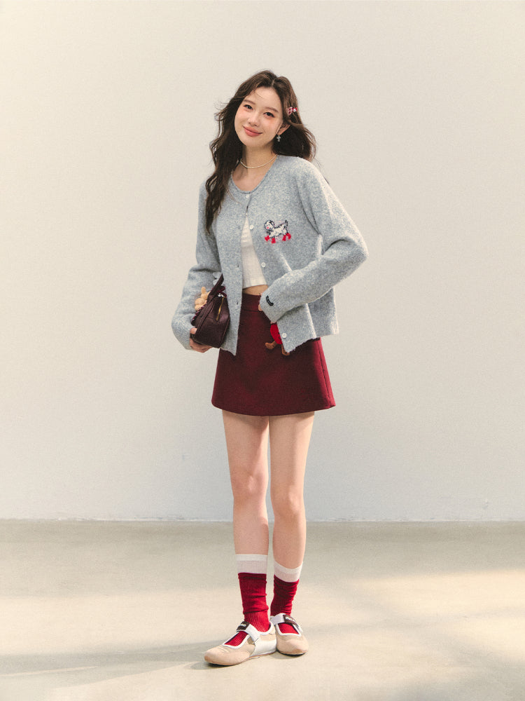 Crew Neck Dalmatian Jacquard Knit Cardigan