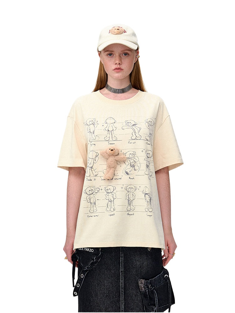 Draft Bear Illustration Round-Neck T-Shirt