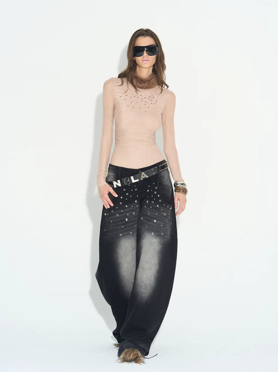 Rhinestone Mesh Turtleneck Top