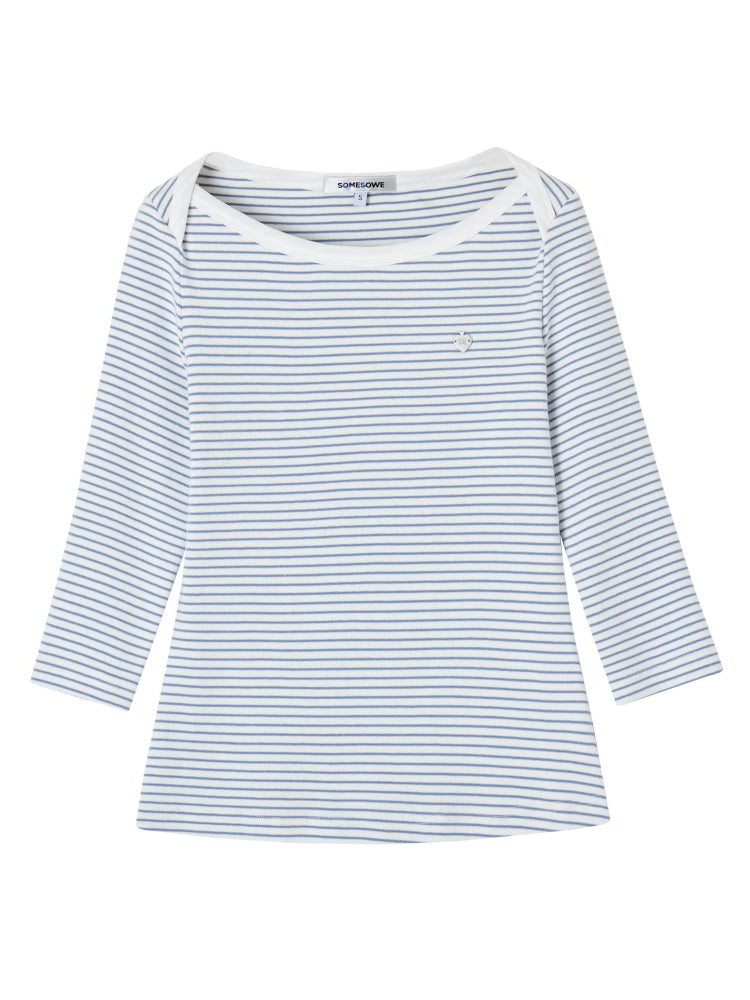 Envelope Neck Mid-sleeve Striped T-Shirt