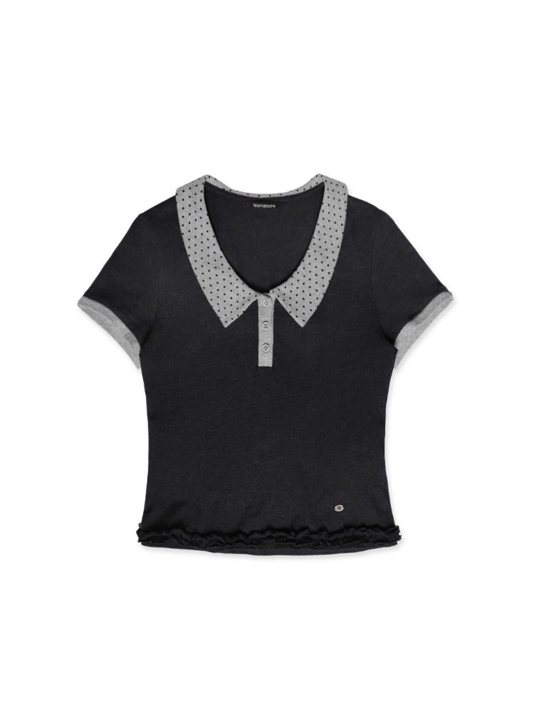 Polka Dot Crewneck Lace Bottom Shell Mark T-shirt