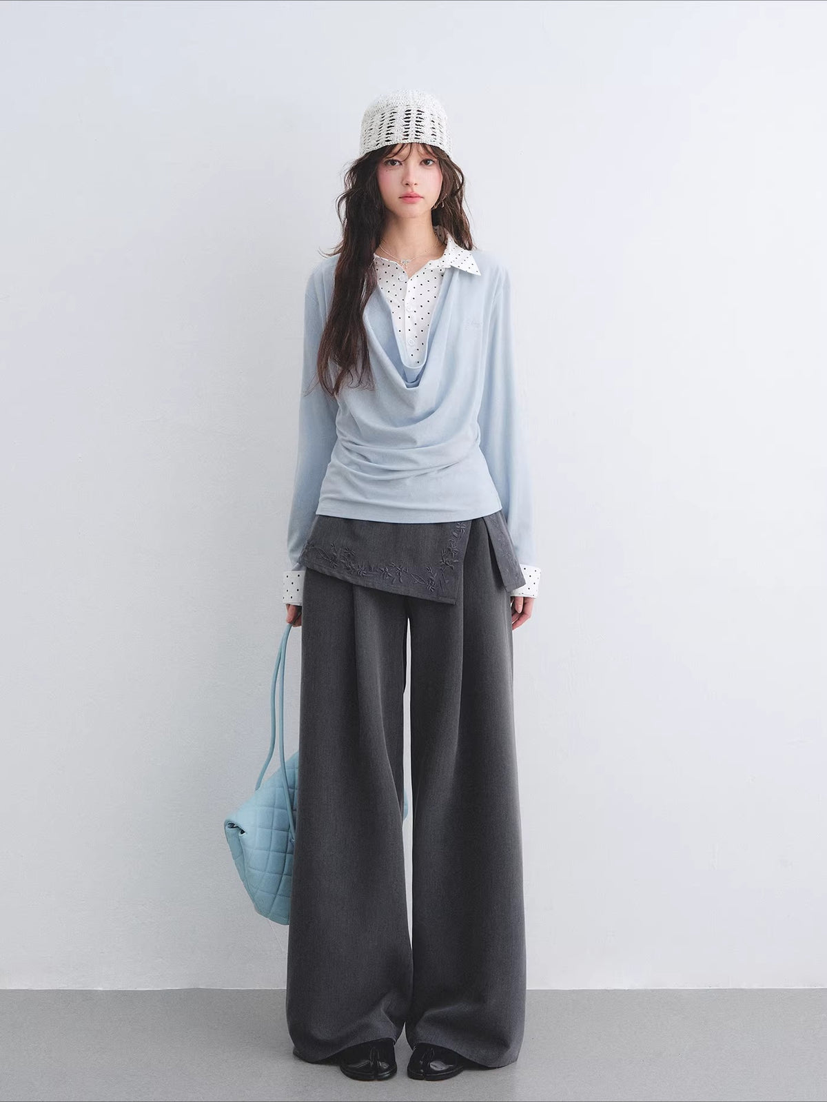 Gray Embroidered Curtain Panel Pants