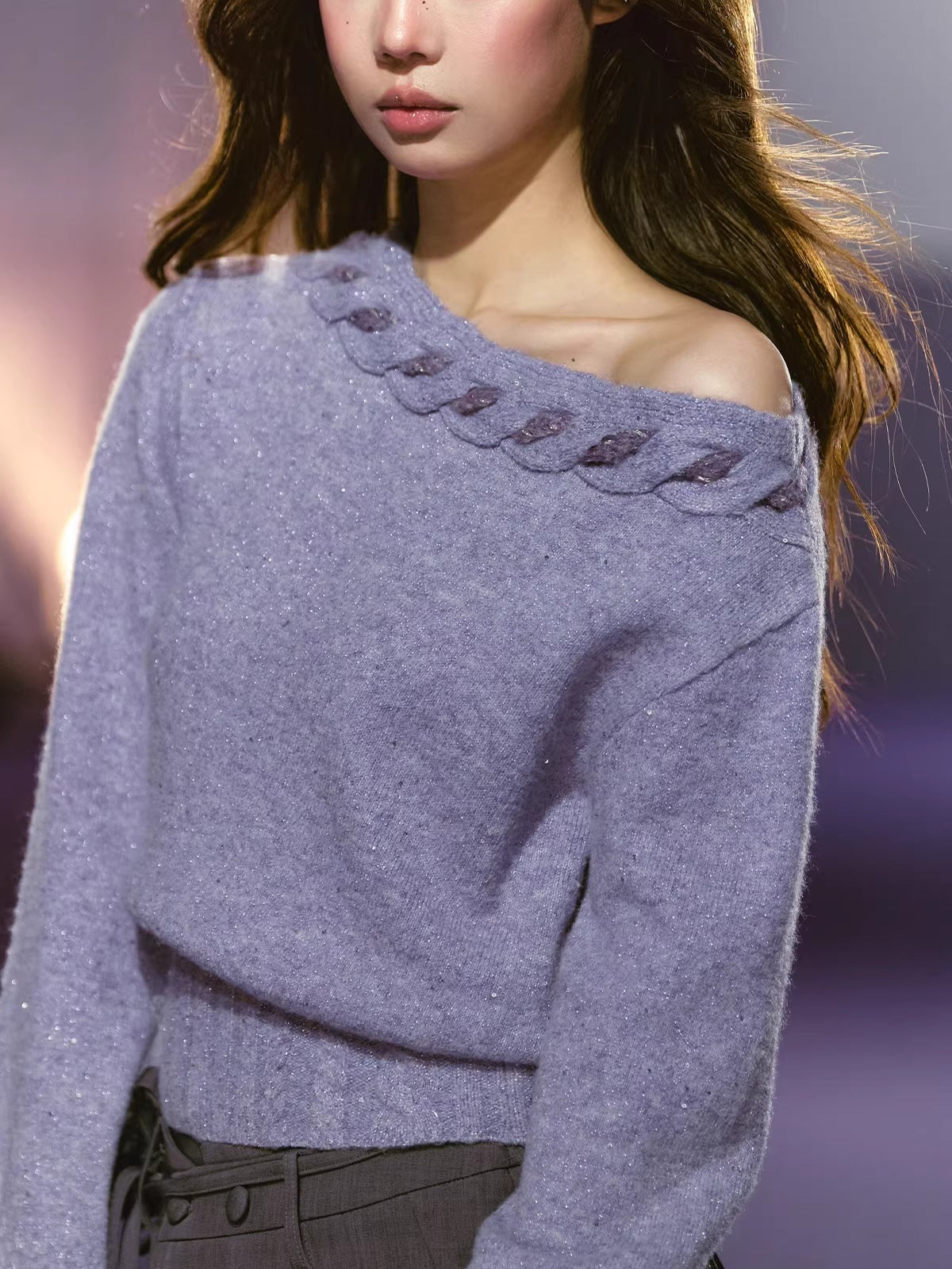 Apricot & Purple Cable Knit Off Shoulder Sweater