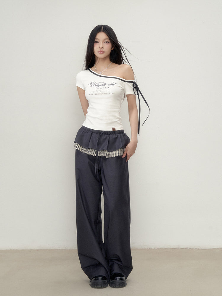 Off-Shoulder Letter Print Short Sleeve T-shirt