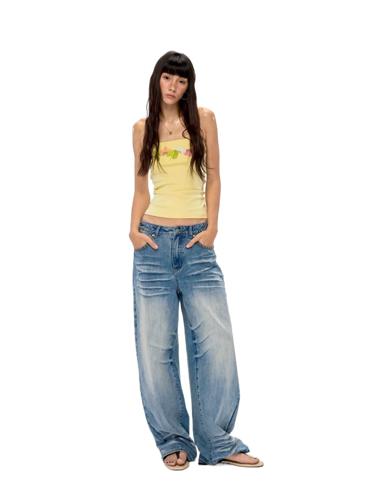 Washed Blue Drapey Wide-Leg Jeans