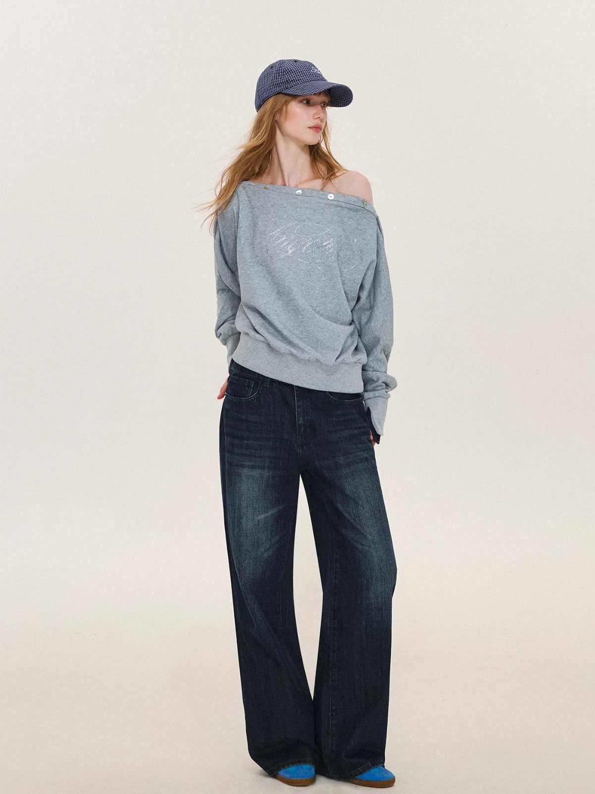 Rhinestone Button Off-Shoulder Sweatshirt