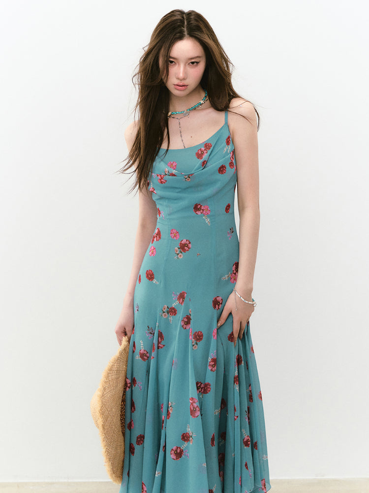 Flowing Flower Waist-cinched Cowl-neck Dress