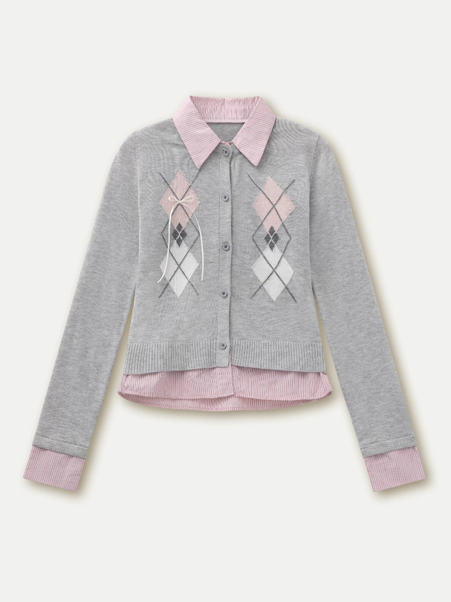 Faux Two-Piece Patchwork Shirt Collar Sweater