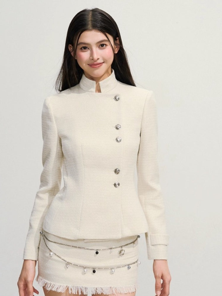 Shimmery Tweed Waist Jacket & Fringe Hem Skirt Set