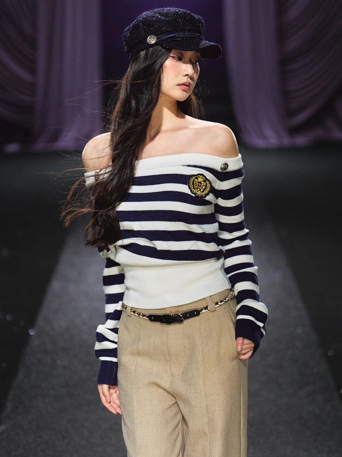 Off-Shoulder Sailor Stripe Sweater