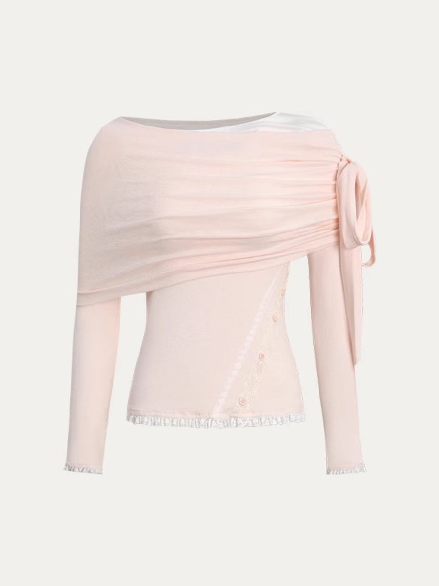 “Ribbon Shoulder” Off-Shoulder Knit Top