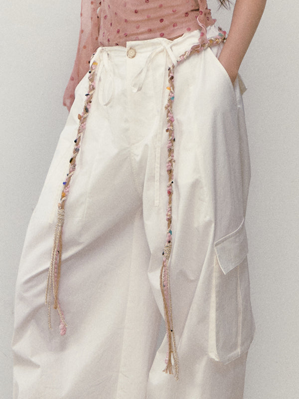 Wide-Leg Beaded Cargo Large Pockets Pants
