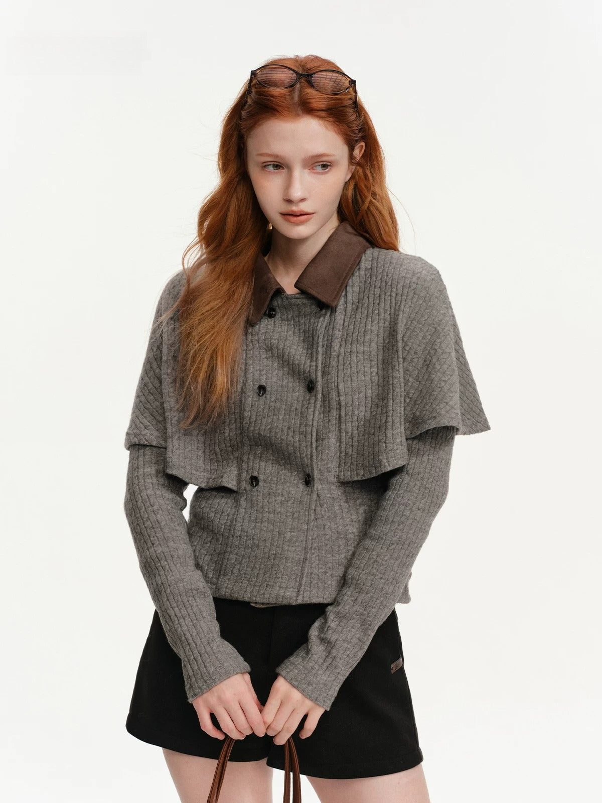 Contrast Collar Cable Knit Cape