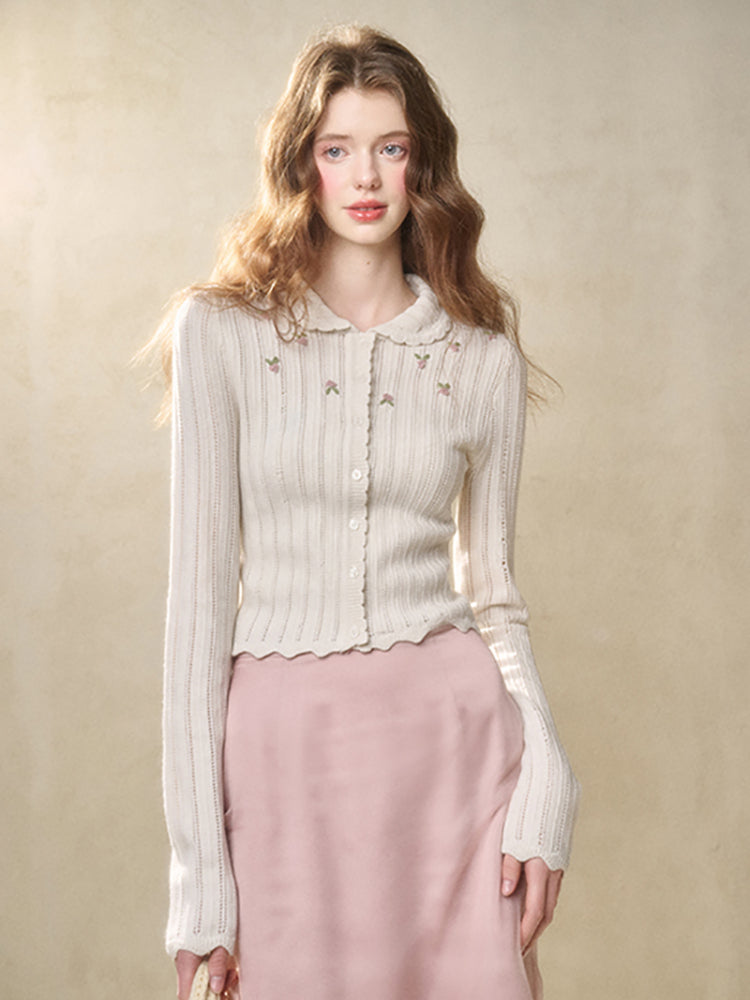 Embroidered Wool Hollow Cardigan & Tank Top Set