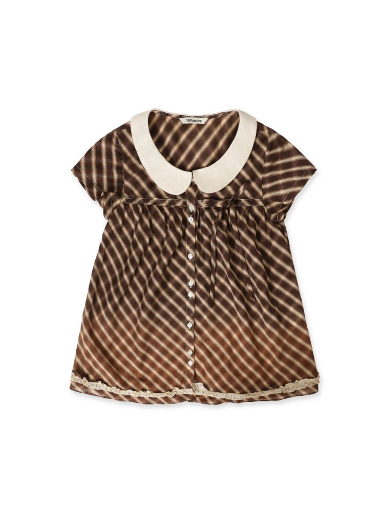 Brown Checkered Velvet Strap Dress Shirt & Cardigan Set