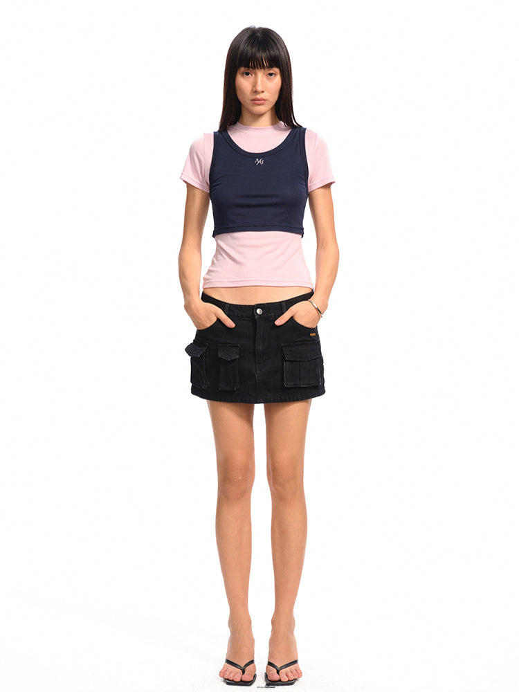 Asymmetrical Low - Rise Straight - Cut Denim Mini Skirt