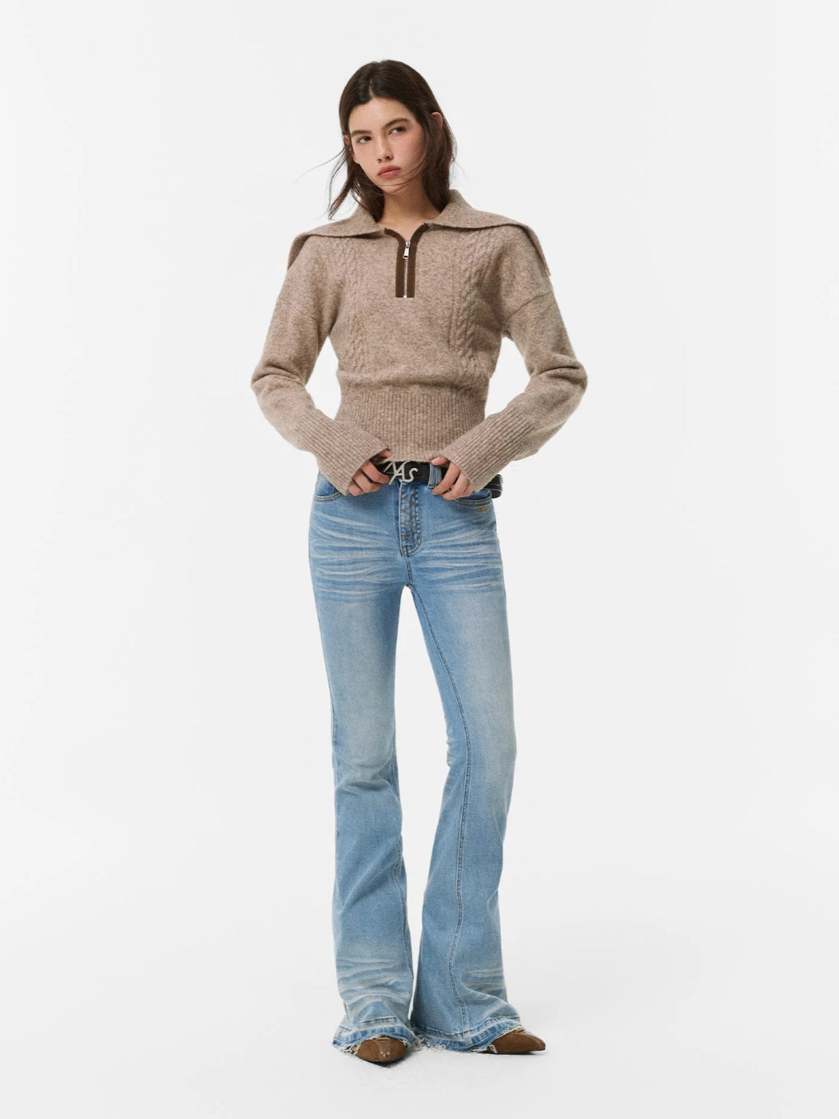 Suede Trim Wool Blend Sweater