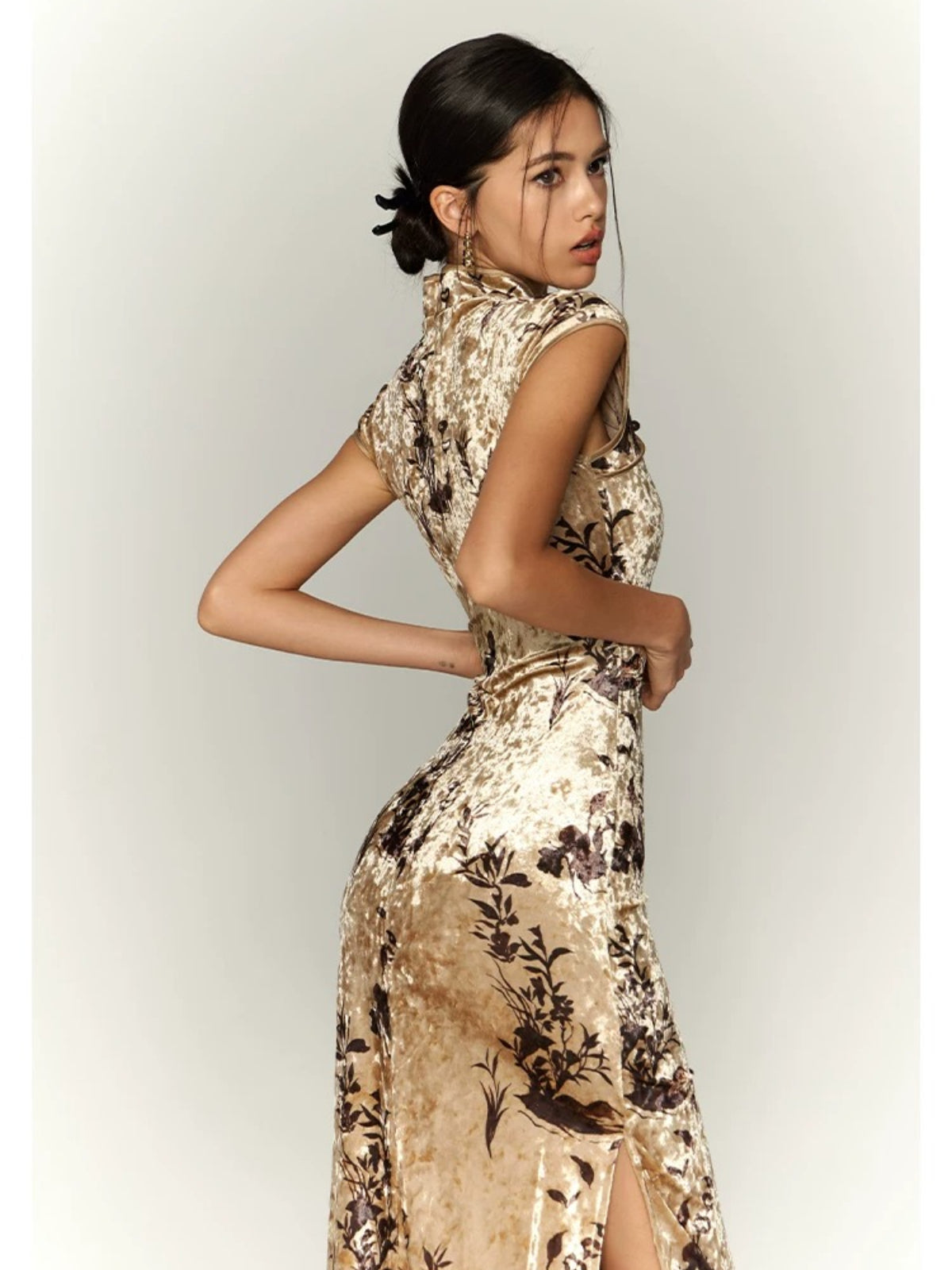 Khaki Velvet Printed Qipao Dress