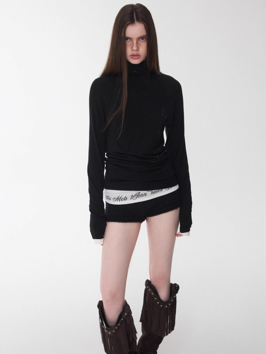 Rhinestone High Neck Raglan Knit Top