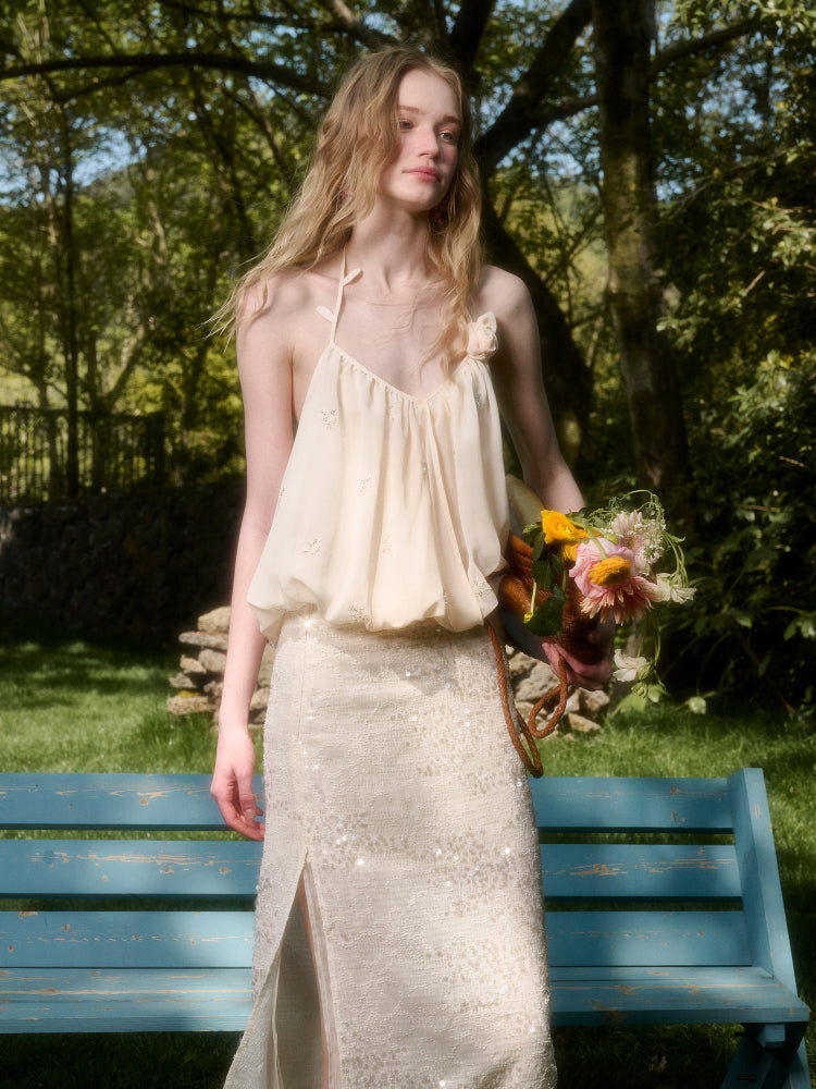 Cloud-like Sequin Embroidered Halter Top