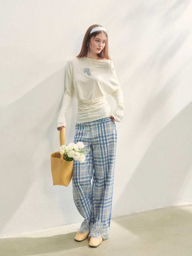 Floral Print Pleated Long-Sleeve T-shirt