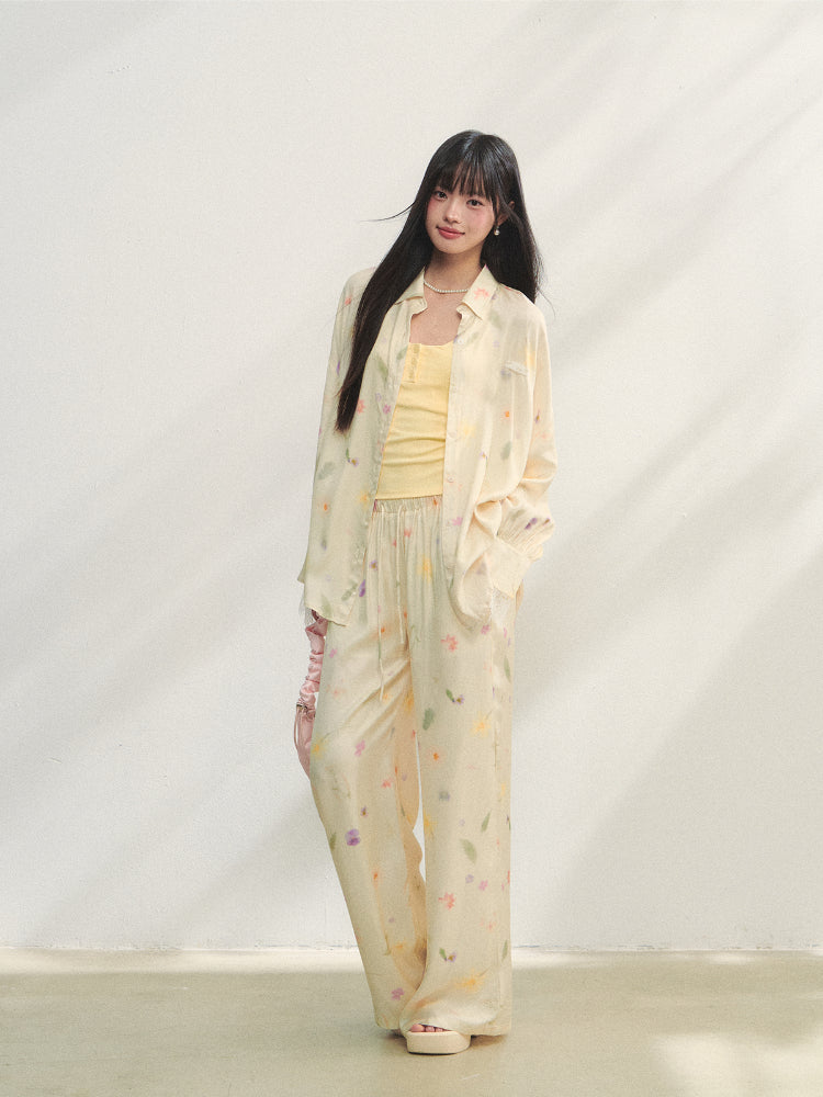 Floral Elastic Waist Straight Leg Casual Pants