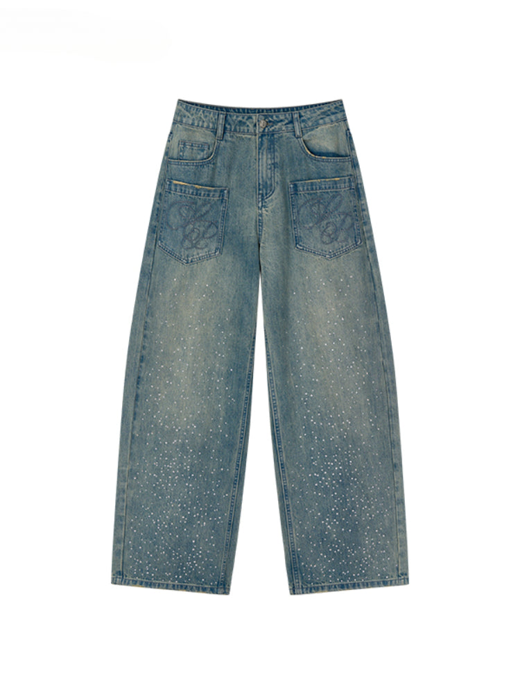 3D Rhinestone Wide-Leg Denim Pants