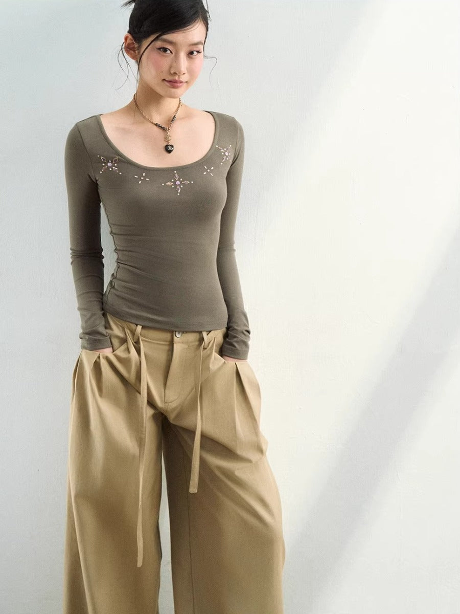 Rhinestone Knit U-Neck Tee
