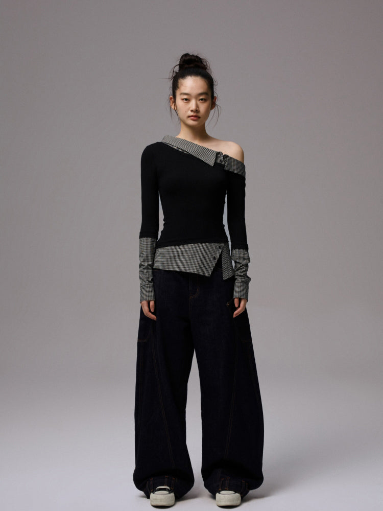 Double Waistband Raw Denim Wide-Leg Jeans