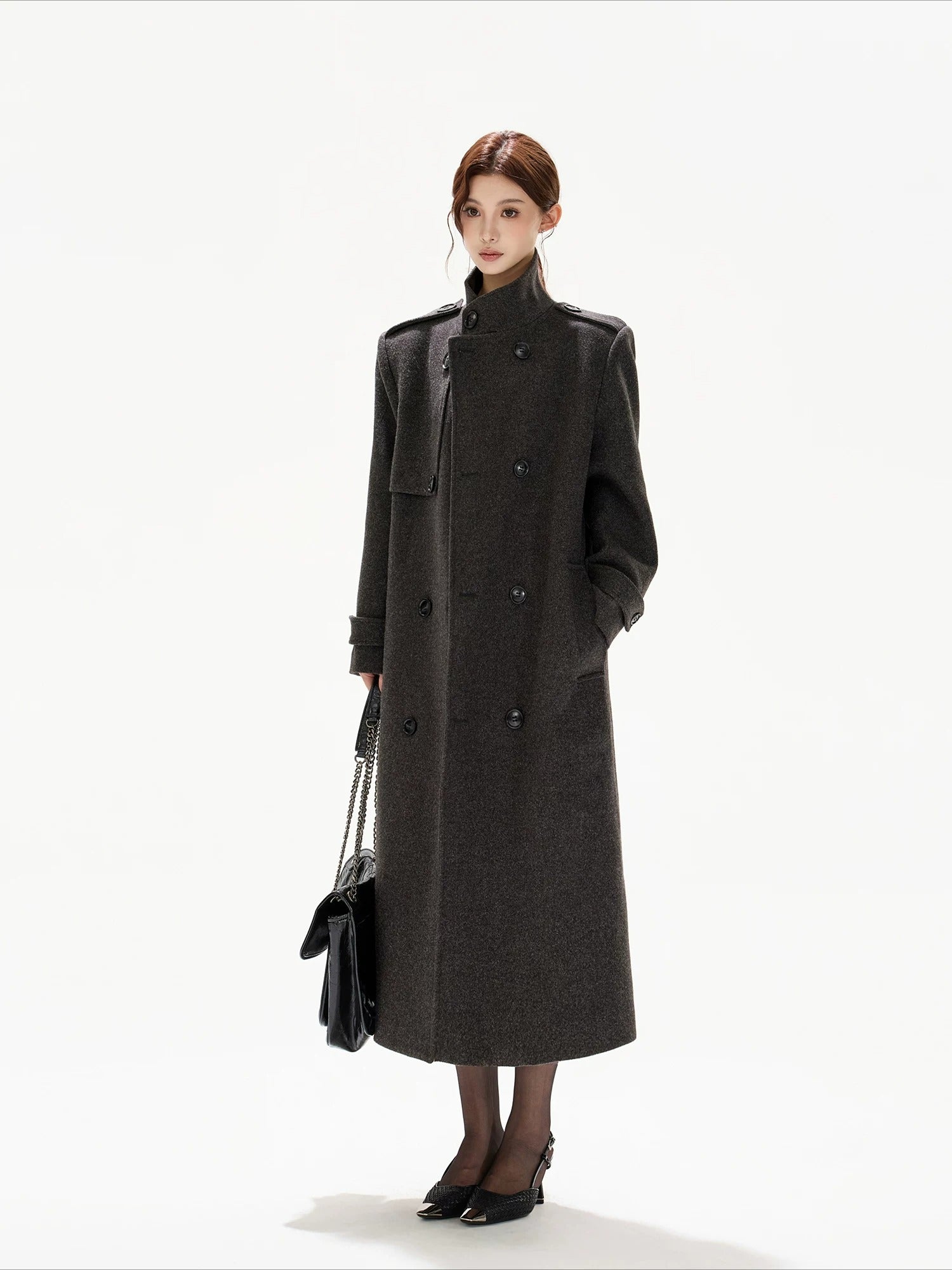 Black Wide-Shoulder Wool Coat