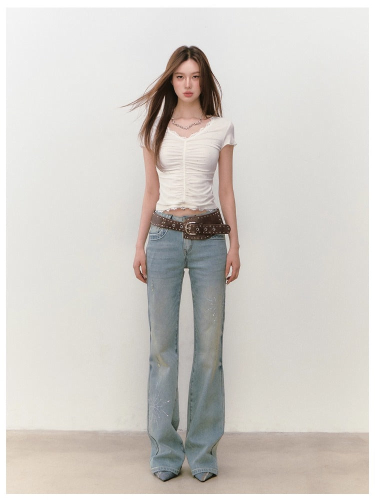 Acetate Lace Backless Beaded Short-sleeve T-shirt