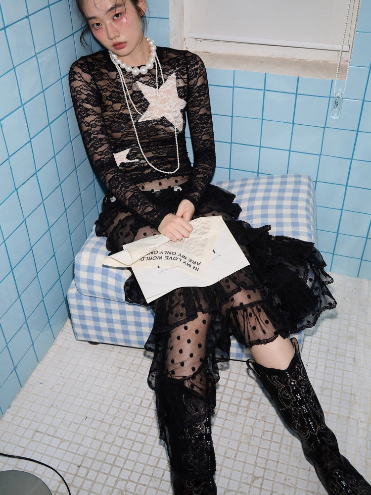 Vintage Contrast Star Patch Lace Slim Long Sleeve Top