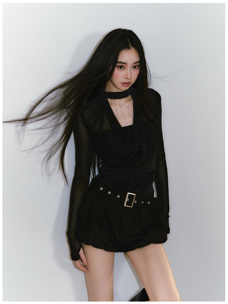 Chain Halter Draped Neck Fitted T-shirt