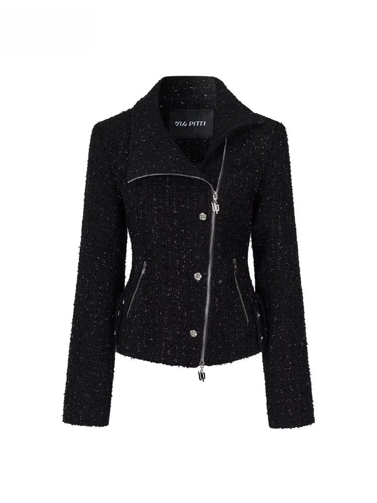 Sparkling Tweed High Neck Waist Cinching Jacket